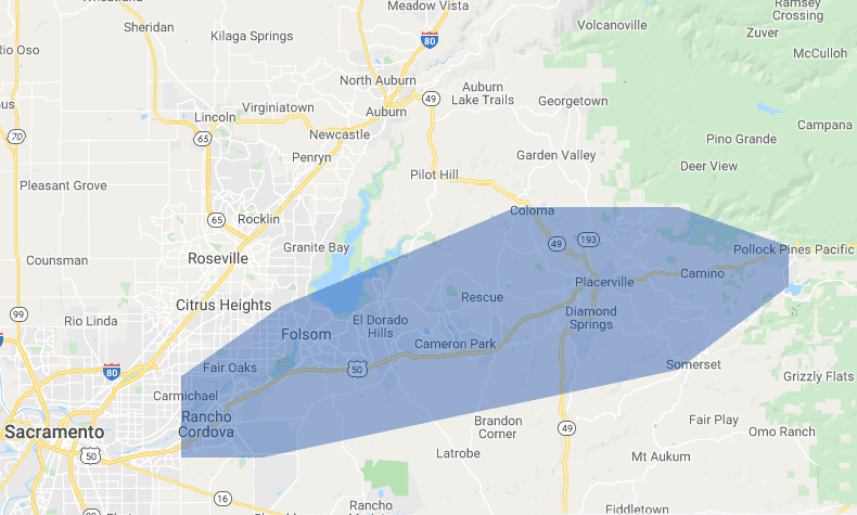 Regional map showing Shingle Springs, Placerville, Folsom, and Sacramento.